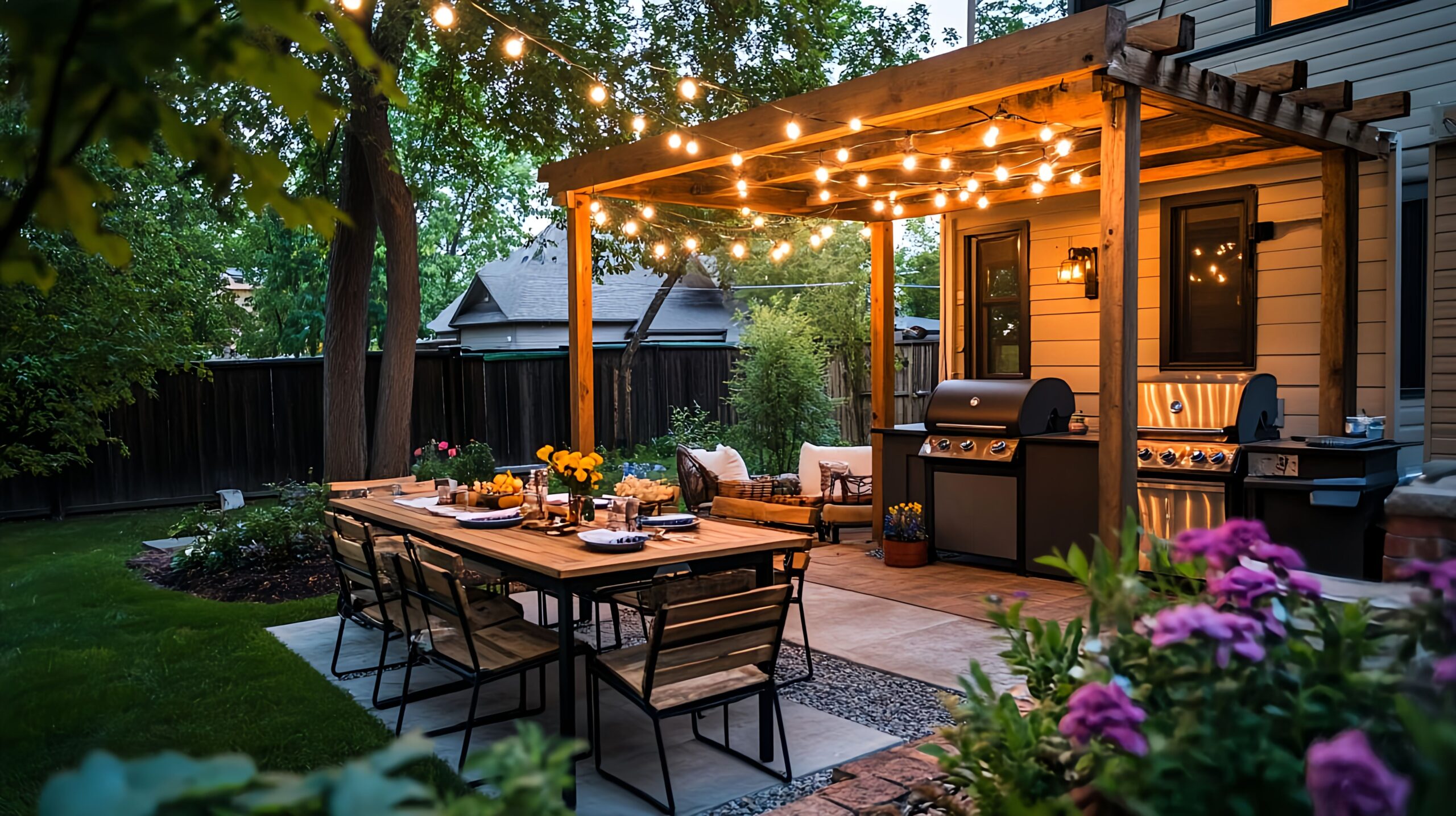 Hinterhof-BBQ und Essbereich bei Nacht - warmes Licht und Atmosphäre
