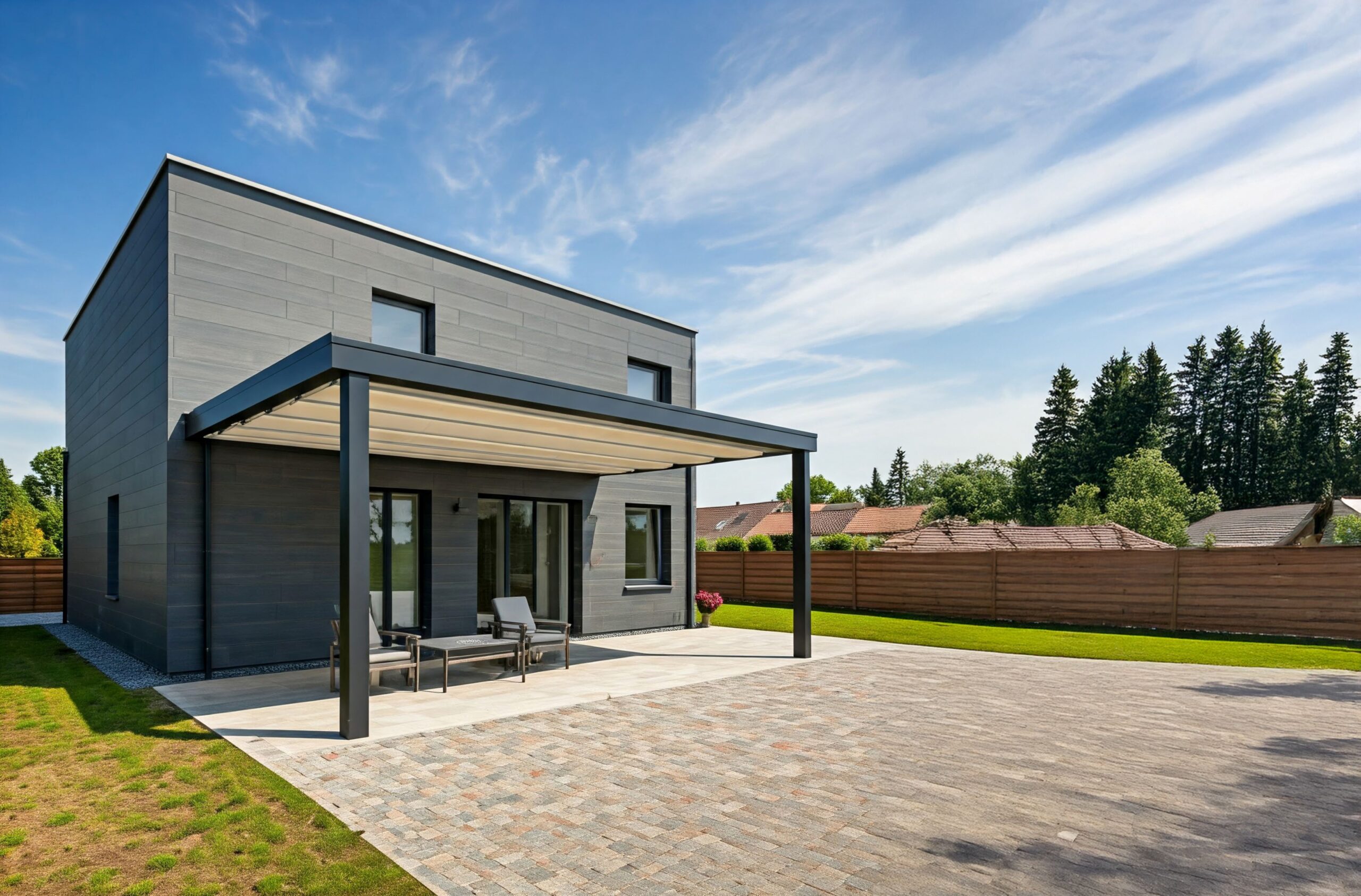 Moderne Terrassenüberdachung an kubischem Haus mit klarer Linienführung und minimalistischer Gestaltung