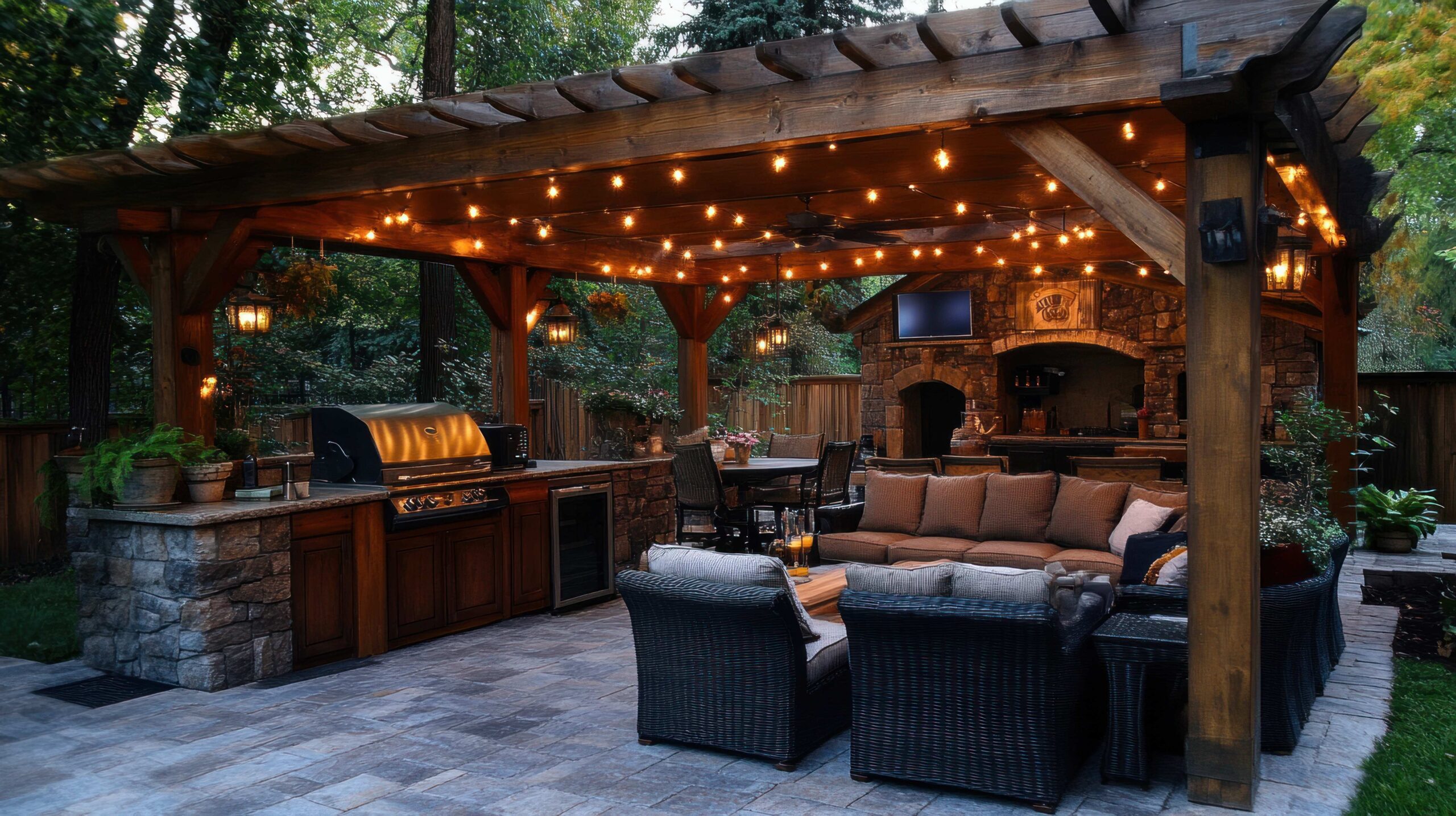 Abendliche Atmosphäre: Luxuriöse Außenküche und Lounge unter einer mit Sternen bedeckten Pergola