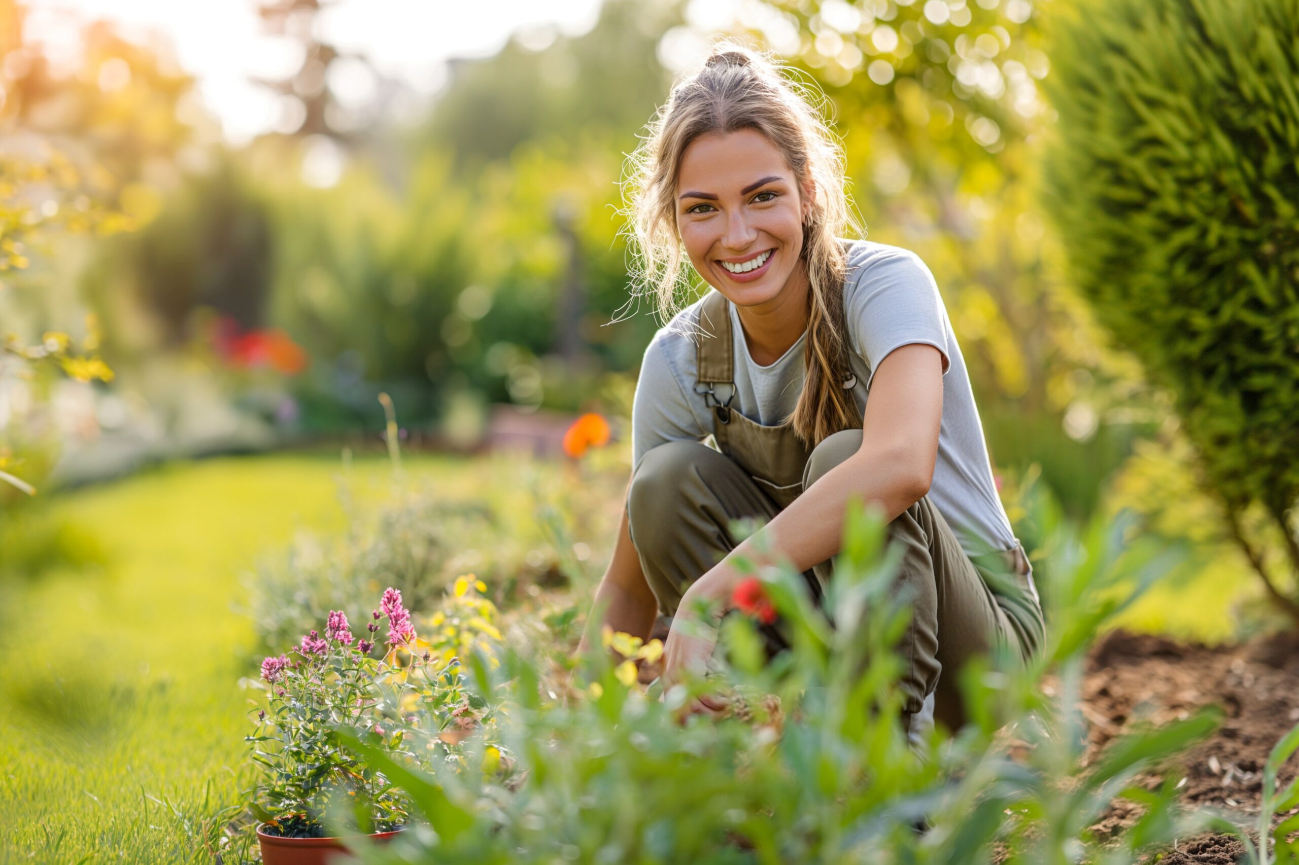 Foto einer netten Frau, die glücklich im Garten arbeitet.
