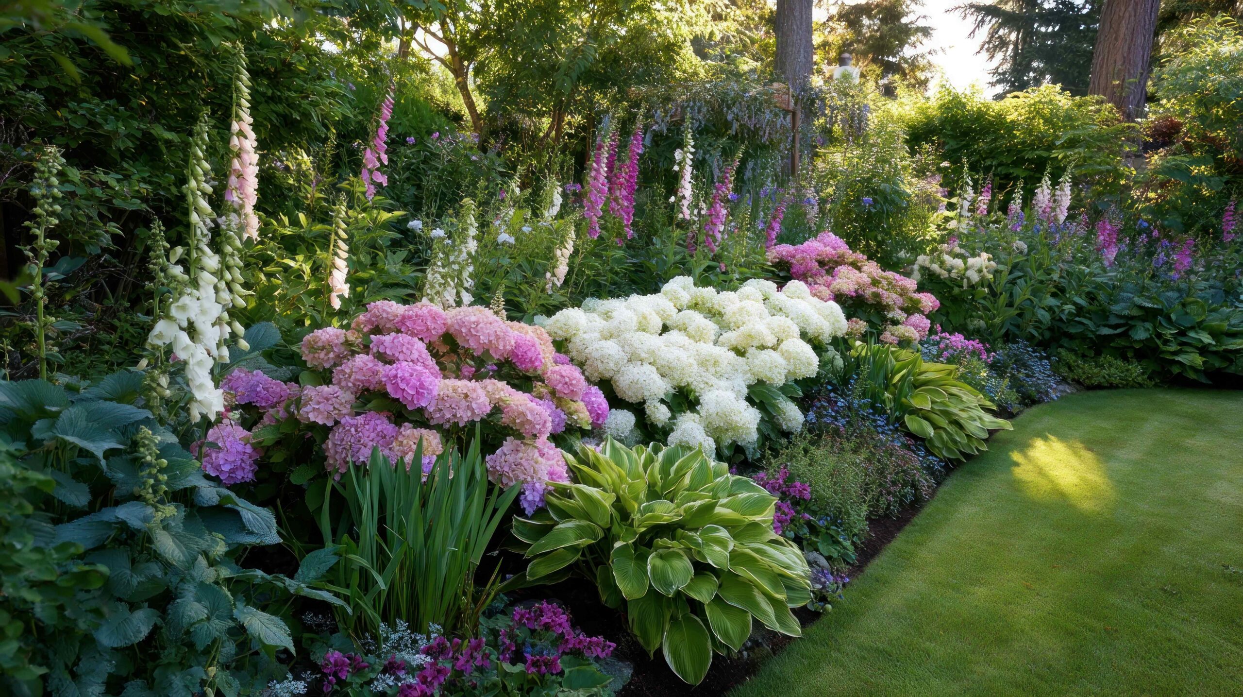 Vibrantes Blumenbeet mit Hortensien und Fingerhüten
