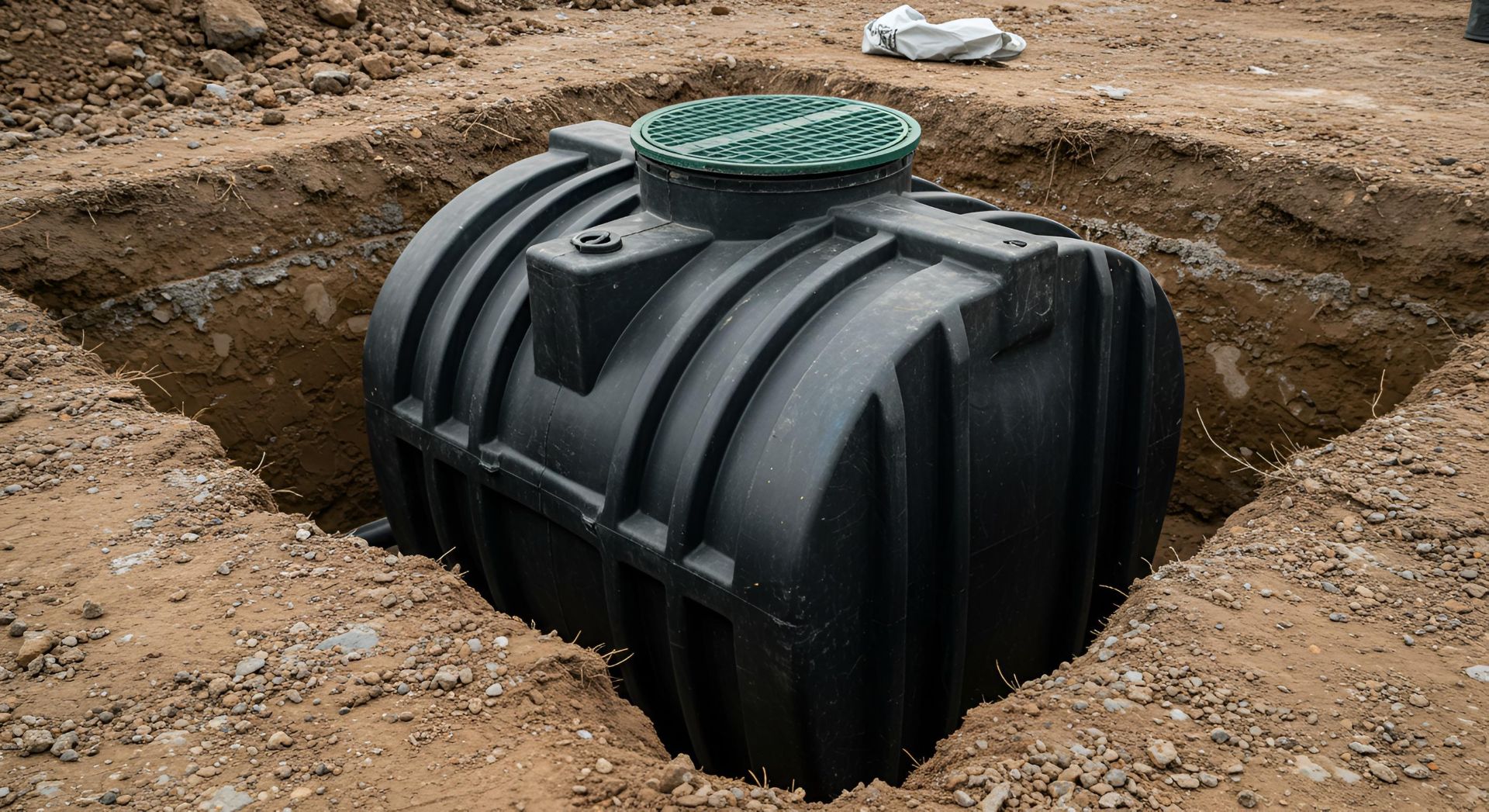 Eingelassener Kunststoff-Wassertank im Garten vor der finalen Abdeckung