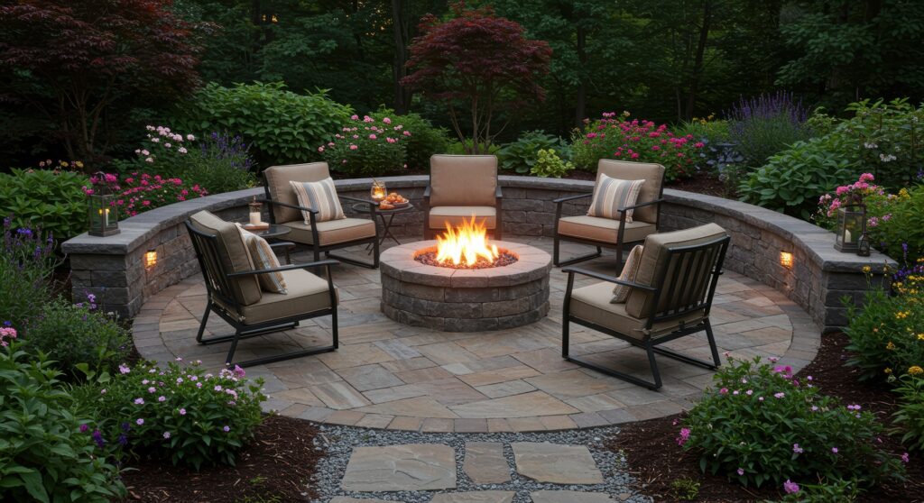 Gemütlicher Sitzbereich mit Feuerstelle im Garten | Wasserfilteranlage für Trinkwasser